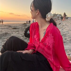 Johnny Was Fuchsia Embroidered Top